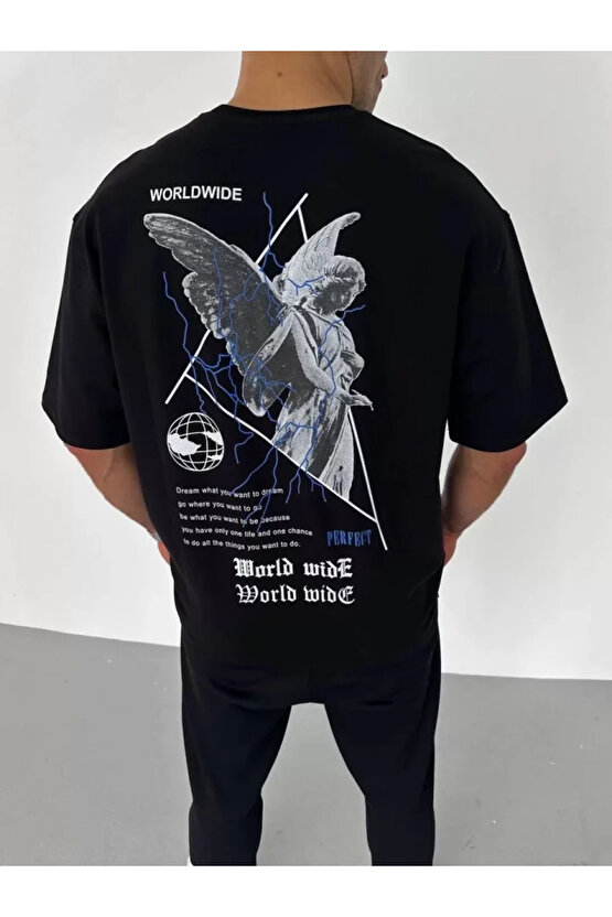 Edolika Unisex Bisiklet Yaka Baskılı Oversize T-Shirt - Siyah