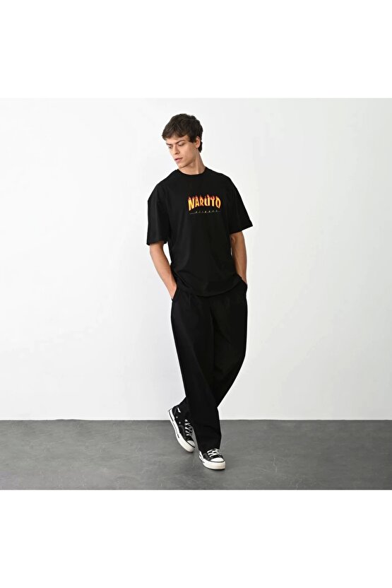 Unisex Bisiklet Yaka Baskılı Oversize T-Shirt - Siyah