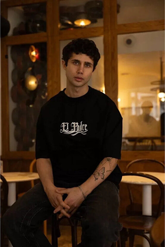 MyTerrax Unisex Bisiklet Yaka Baskılı Oversize T-Shirt - Siyah