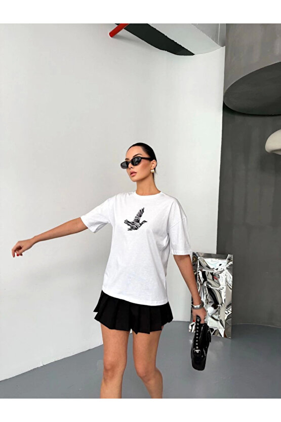 Kısa Kol Baskılı T-shirt - Beyaz