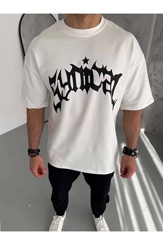 Unisex Bisiklet Yaka Baskılı Oversize T-Shirt - Beyaz