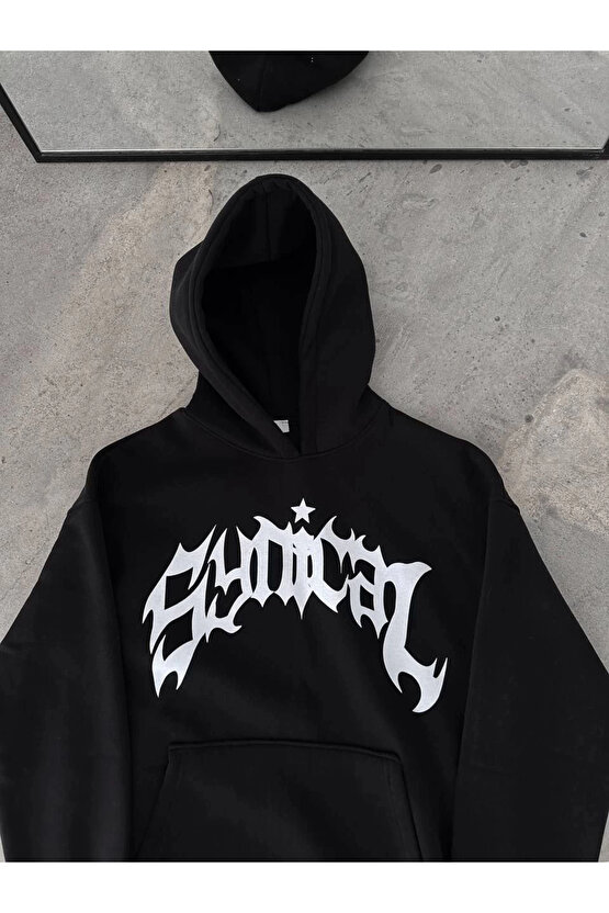 Üç İplik Kapüşonlu Baskılı Oversize SweatShirt- Siyah