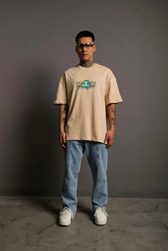 Erkek Sırt Baskılı T-shirt - Bej