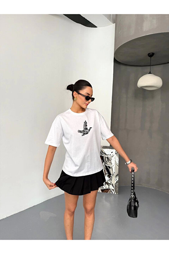 Kısa Kol Baskılı T-shirt - Beyaz