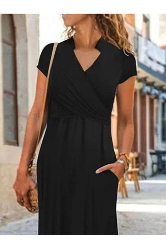 Kadın Kısa Kollu Hakim V Yaka Viskon Elbise