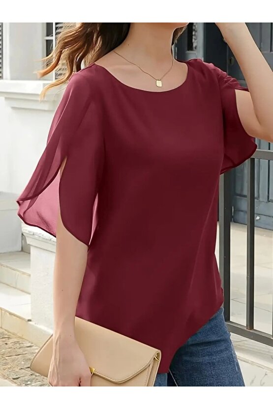 Kadın Kısa Yırtmaç Kollu Yuvarlak Yaka şifon Bluz