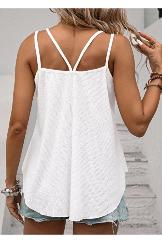 Kadın çift Askılı Kare Yaka Waffle Bluz