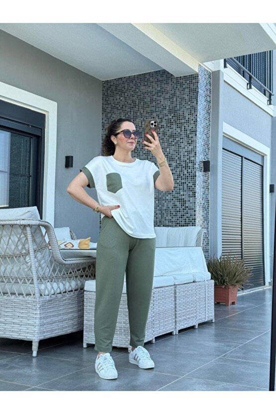 Kadın Kristal Kumaş Garnili Cep Detaylı Ikili Takım