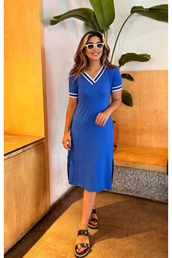 Kadın Kısa Kollu V Yaka Ve Yaka Ribana Detay Midiboy Viskon Elbise