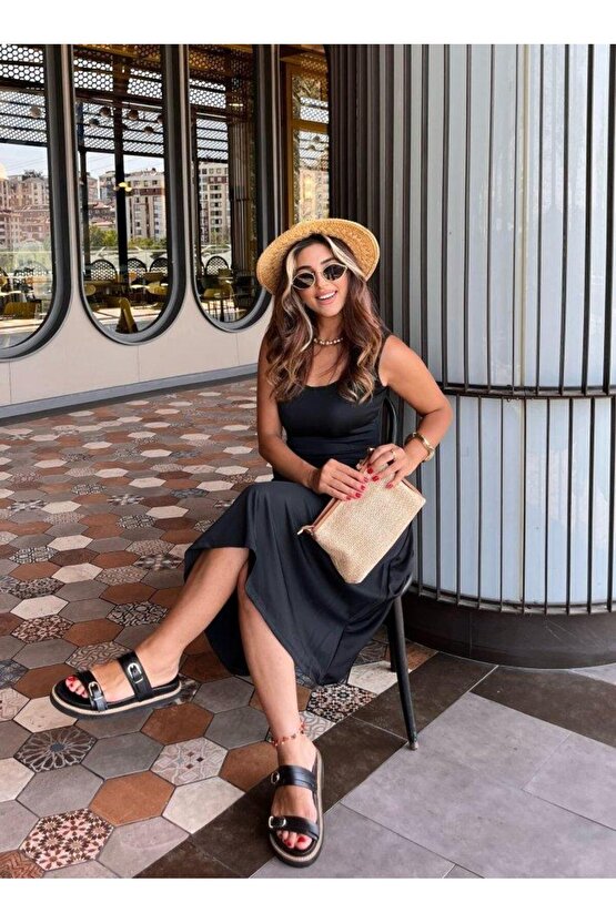 Kadın Askılı Kare Yakalı Midi Ithal Krep Elbise