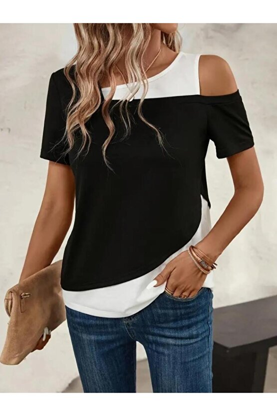 Kadın Kısa Kollu Geometrik Kesin Detaylı çift Renkli Viskon Bluz