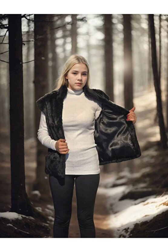 Kadın Kolsuz Hakiki Kürk - Siyah