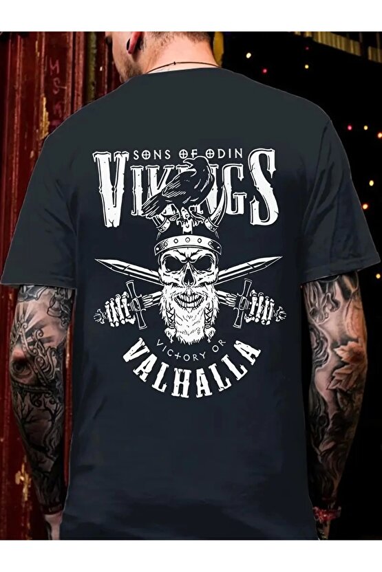 201 Penye Compack Vikings Valhalla Baskılı Oversize Bisiklet Yaka T-shirt - Siyah