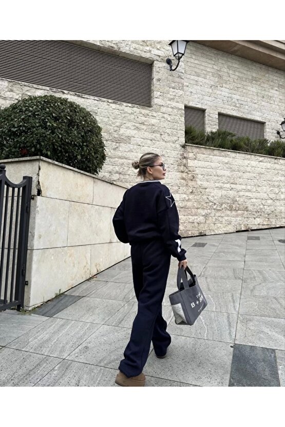 V Yaka Üç İplik Sweat Takım - Siyah