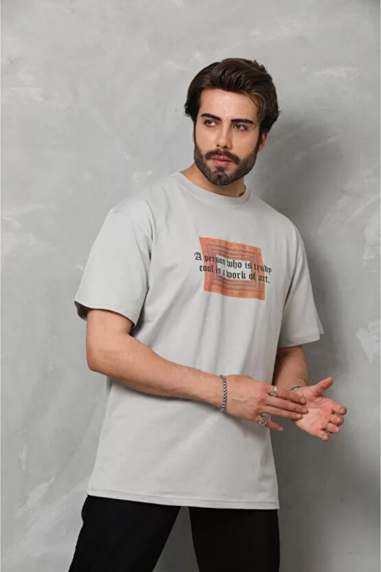 EGECEN Unisex Bisiklet Yaka Baskılı Oversize T-Shirt - Gri