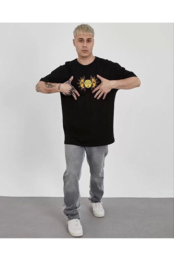 Unisex Bisiklet Yaka Baskılı Oversize T-Shirt - Siyah