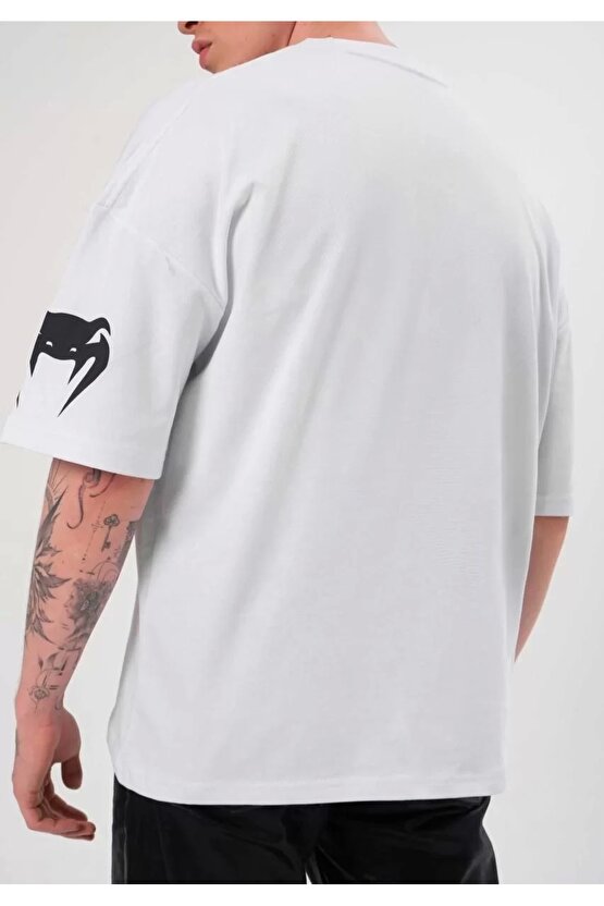 Unisex Bisiklet Yaka Baskılı Oversize T-Shirt - Beyaz