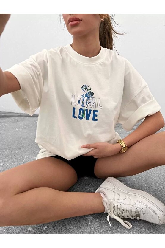 Unisex Bisiklet Yaka Baskılı Oversize T-Shirt - Beyaz