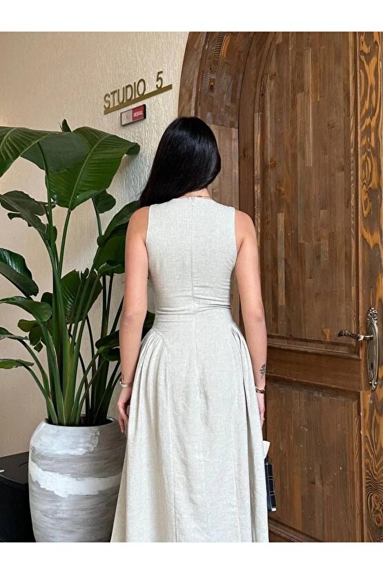 Kolsuz Uzun Kabardin Elbise - Gri