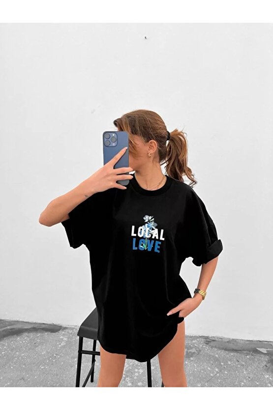 Unisex Bisiklet Yaka Baskılı Oversize T-Shirt - Siyah