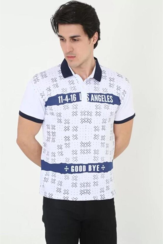 Erkek Yakalı Slim Fit Baskılı T-Shirt - Beyaz