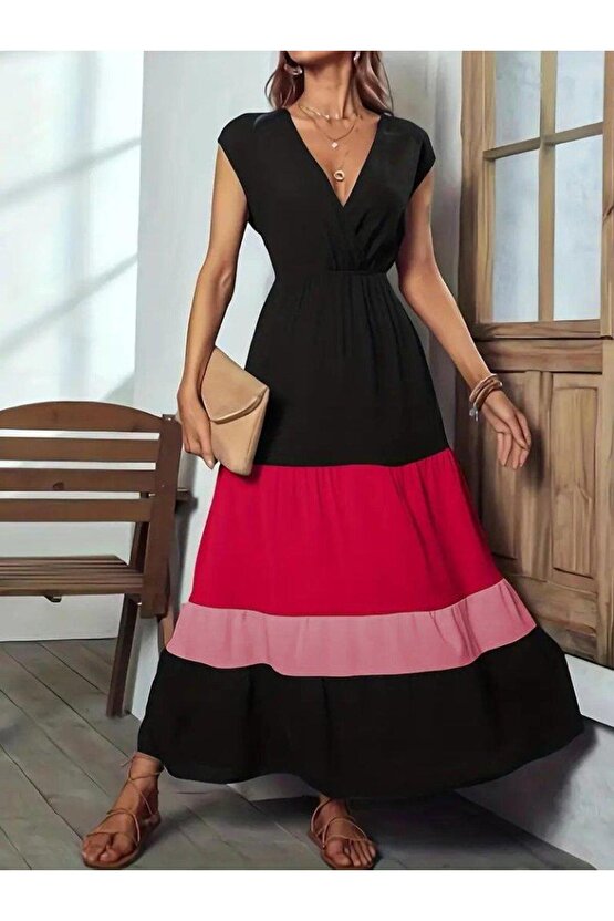 Kadın Kısa Kollu Kruvaze Yakalı çok Renkli Aerobin Elbise