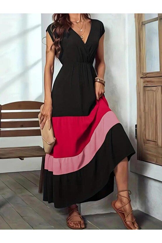 Kadın Kısa Kollu Kruvaze Yakalı çok Renkli Aerobin Elbise