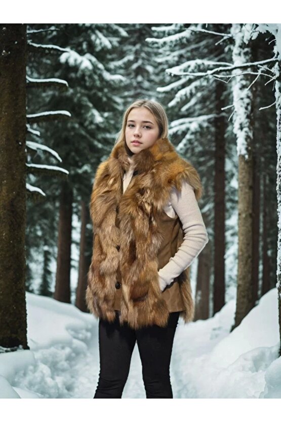 Kadın Kolsuz Hakiki Deri Kürk - Kahve