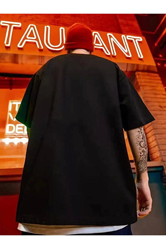 Erkek Büyük Beden Kart Baskılı Düz Renk Kısa Kollu Bisiklet Yaka Tişört Gündelik Giyim - Siyah