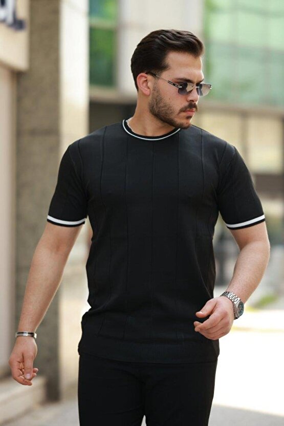 Erkek Bisiklet Yaka çizgi Desenli Ribanalı Kısa Kollu Tshirt