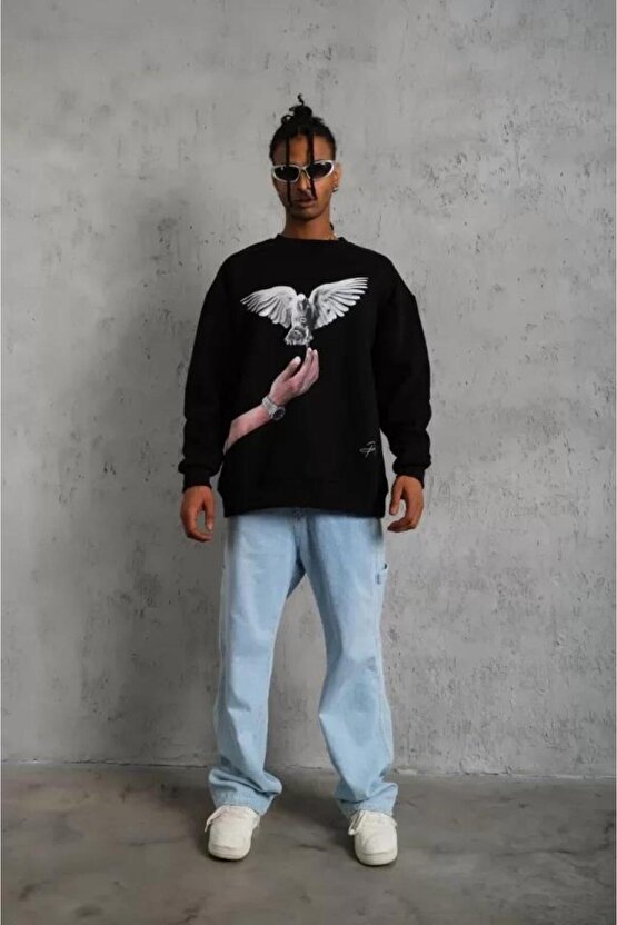 Erkek Güvercin Baskılı Sweatshirt - Siyah