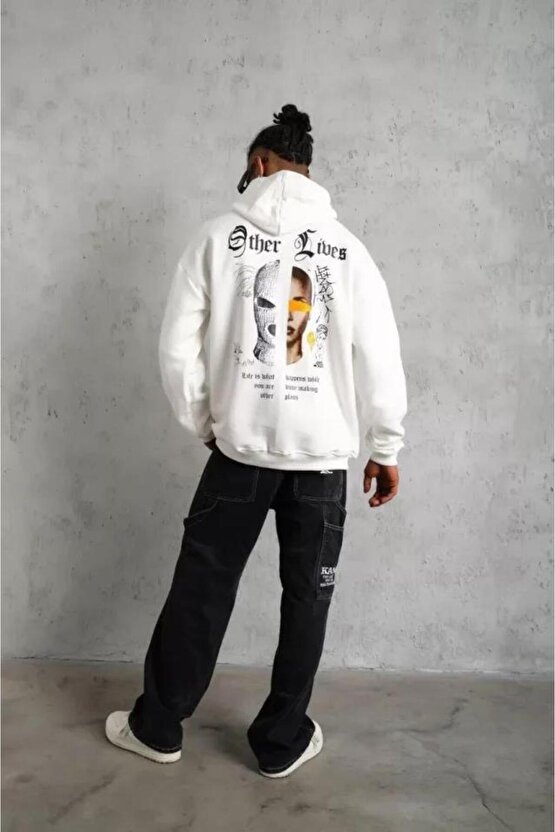 Erkek Sırt Baskılı Oversize Üç İplik Kapüşonlu Sweatshirt - Beyaz
