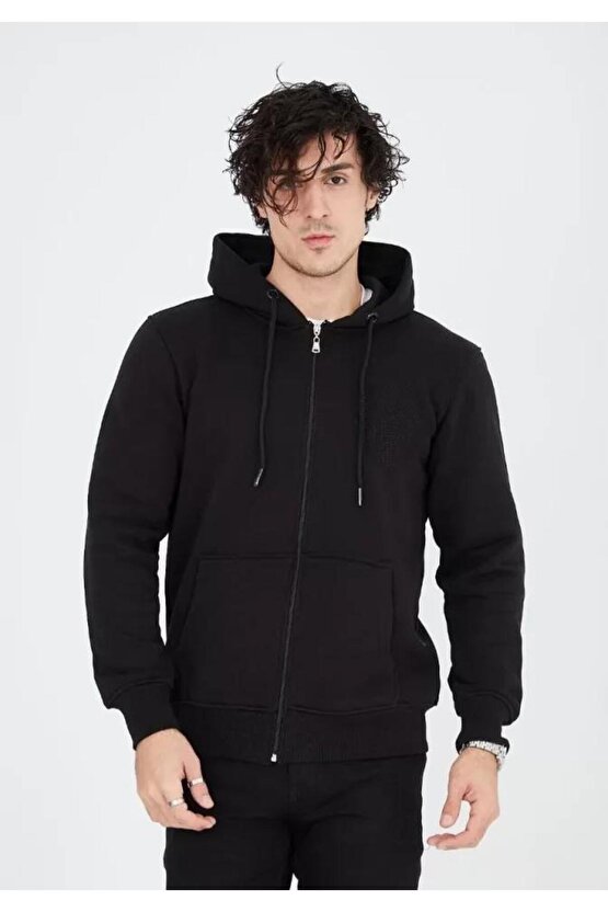 Unisex Tam Fermuarlı Kapşonlu SweatShirt - Siyah