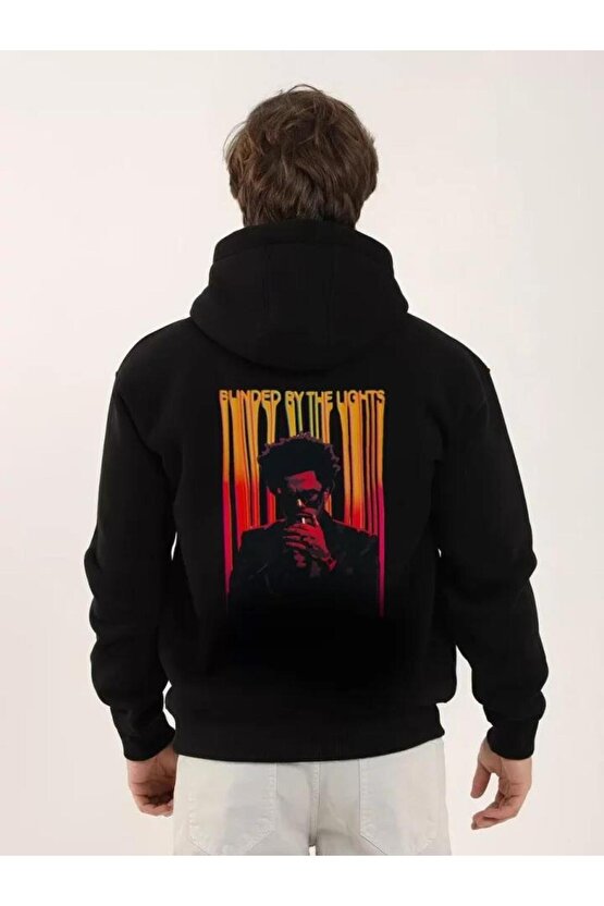 Unisex Baskılı Oversize Üç İplik Kapüşonlu Sweatshirt - Siyah