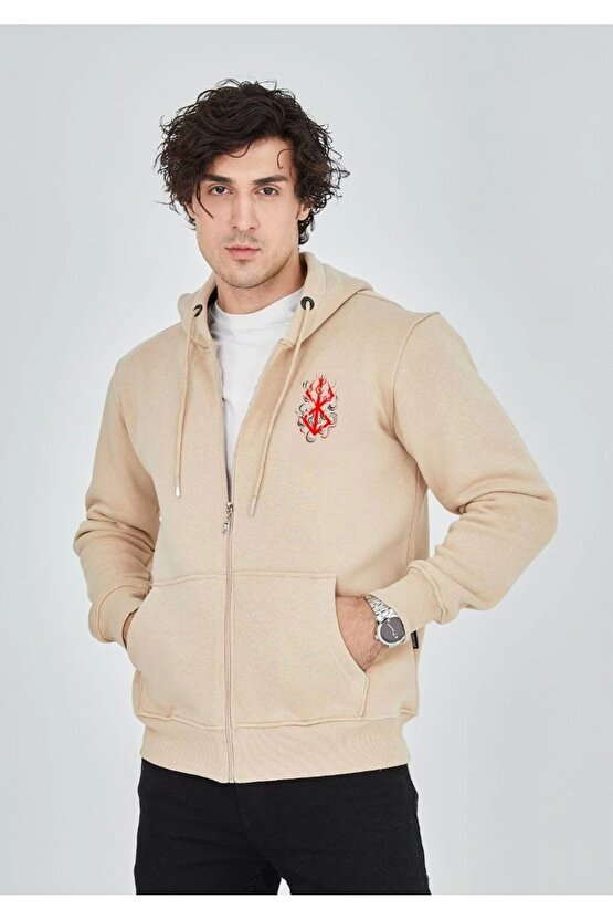 Unisex Baskılı Tam Fermuarlı Kapşonlu SweatShirt - Bej