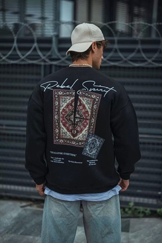 Uzun Kol Bisiklet Yaka Baskılı SweatShirt - Siyah