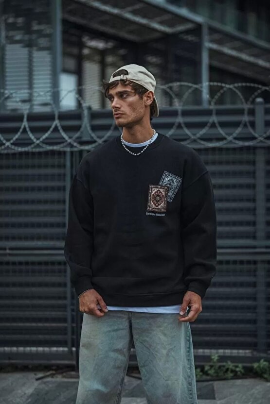 Uzun Kol Bisiklet Yaka Baskılı SweatShirt - Siyah