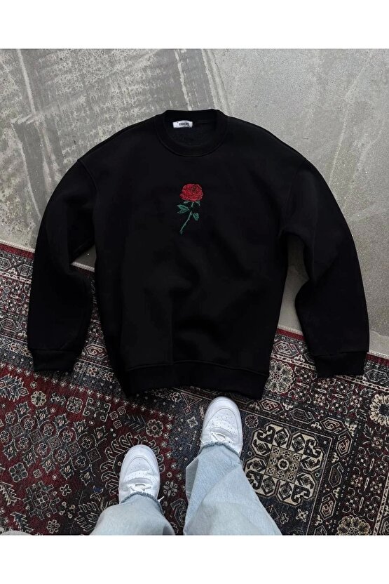 Unisex Bisiklet Yaka Ön Ve Arka Baskılı SweatShirt - Siyah