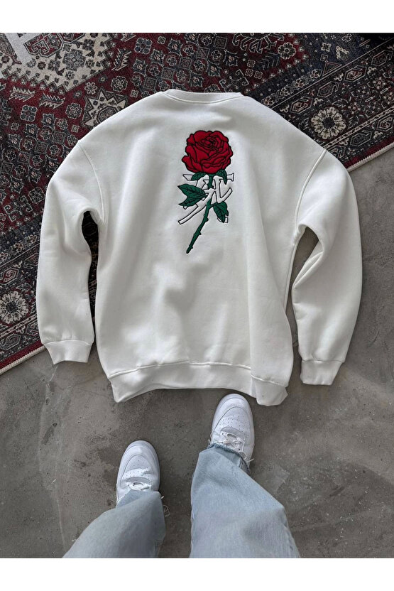 Unisex Bisiklet Yaka Ön Ve Arka Baskılı SweatShirt - Beyaz