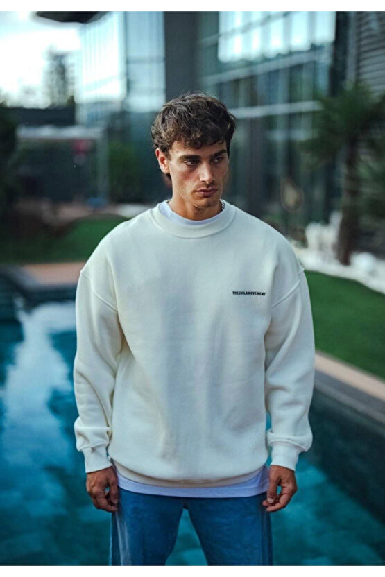 Kışlık Bisiklet Yaka Oversize Baskılı SweatShirt - Beyaz