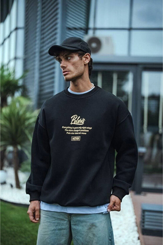 munn collection Kışlık Bisiklet Yaka Ön Ve Arka Baskılı SweatShirt - Siyah