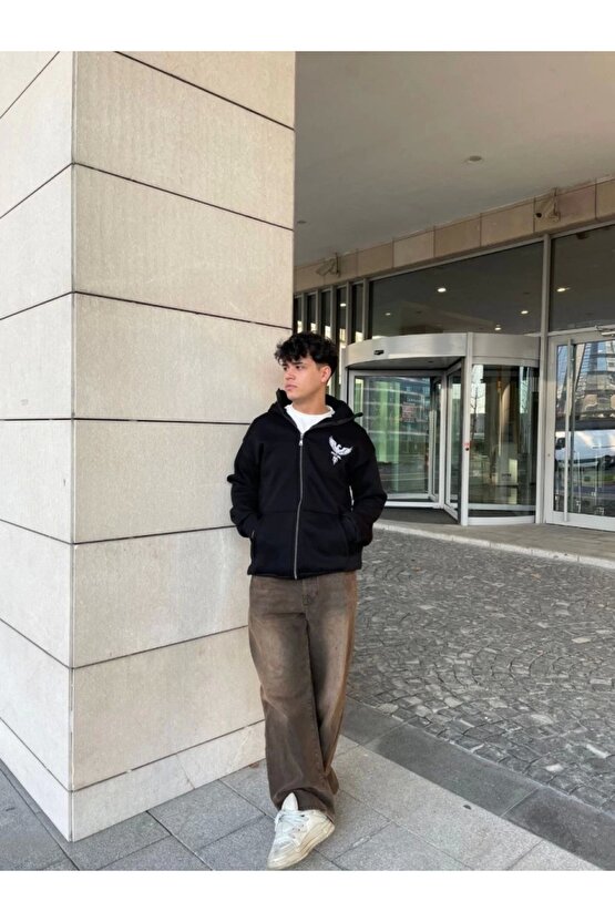 Samuray Kapşonlu ZIP Fermuarlı Kapşonlu SweatShirt - Siyah