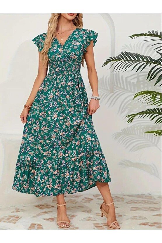 Kadın Kısa Kollu Kruvaze Yaka Beli Lastikli çiçek Desenli Elbise