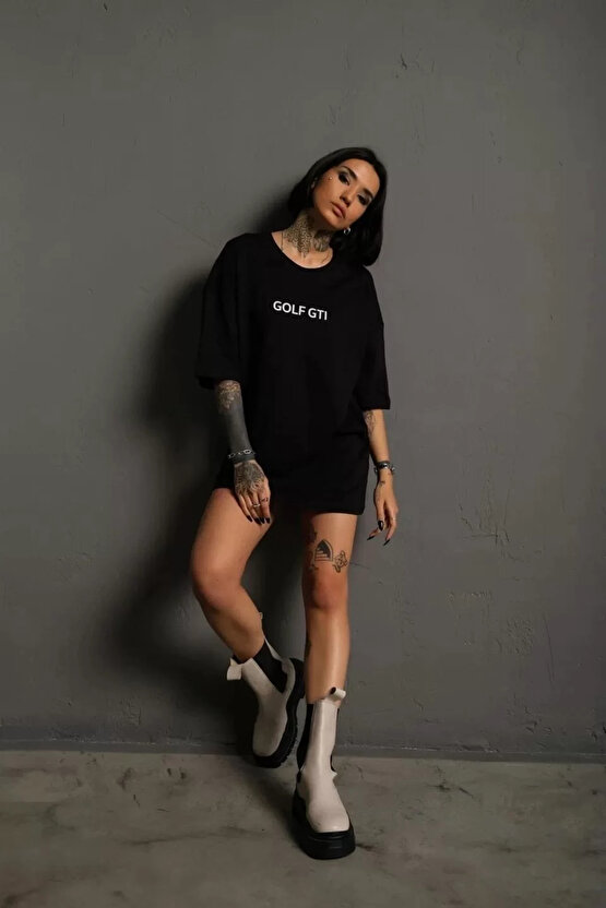 Erkek Sırt Golf Baskılı Oversize T-shirt - Siyah