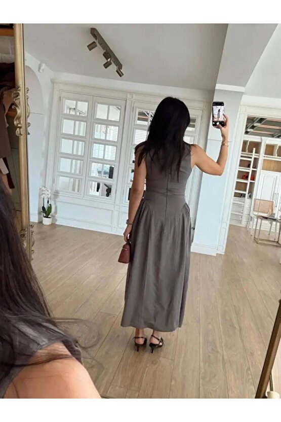 Kolsuz Uzun Kabardin Elbise - Gri