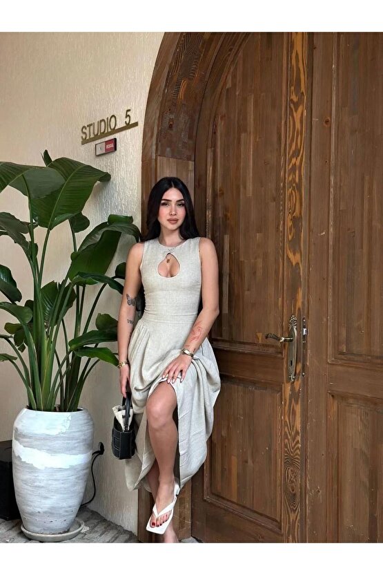 Kolsuz Uzun Kabardin Elbise - Gri