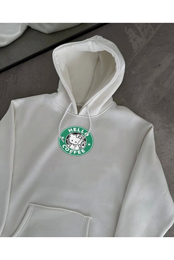 Üç İplik Penye Uzun Kol Kapüşonlu SweatShirt - Beyaz