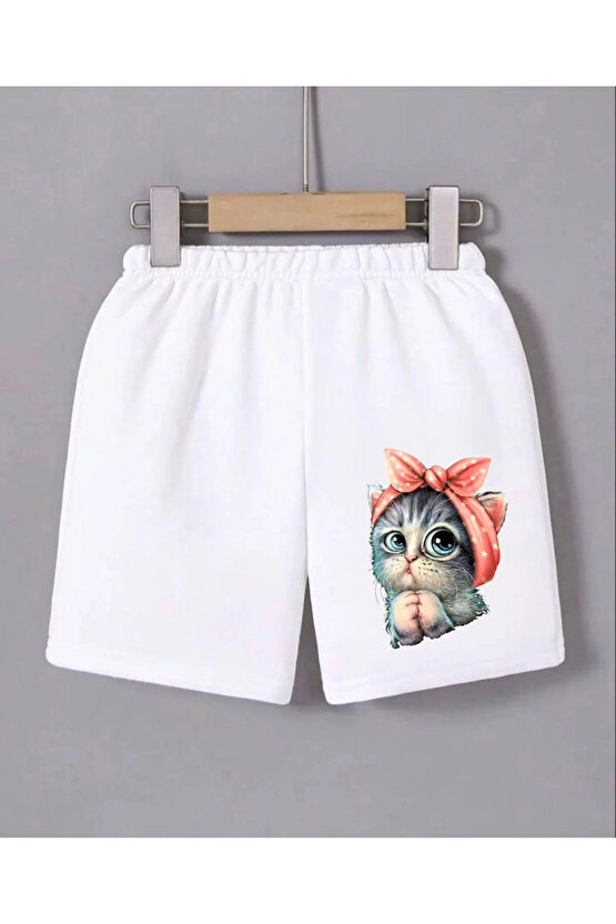 Kadın Beli Lastikli Baskılı Mini Şort - Beyaz