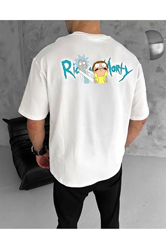 Unisex Bisiklet Yaka Baskılı Oversize T-Shirt - Beyaz