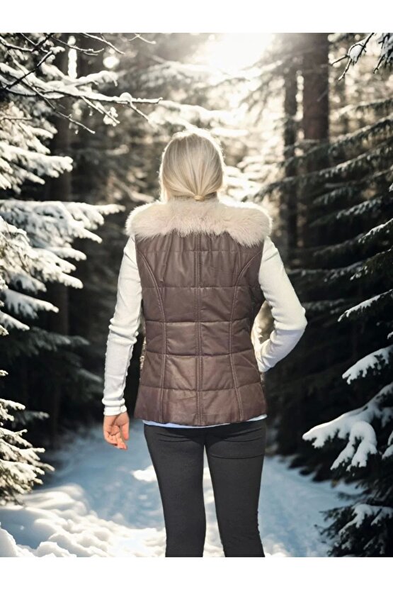 Kadın Kolsuz Fermuarlı Yelek - Kahve